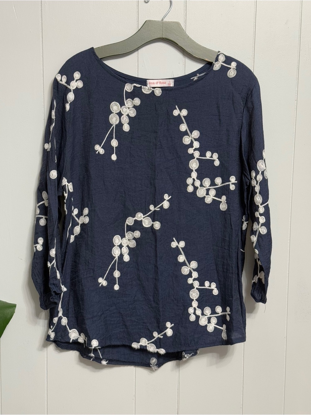 #17)  Anna & Rose Navy Embroidered Floral-Branch Blouse